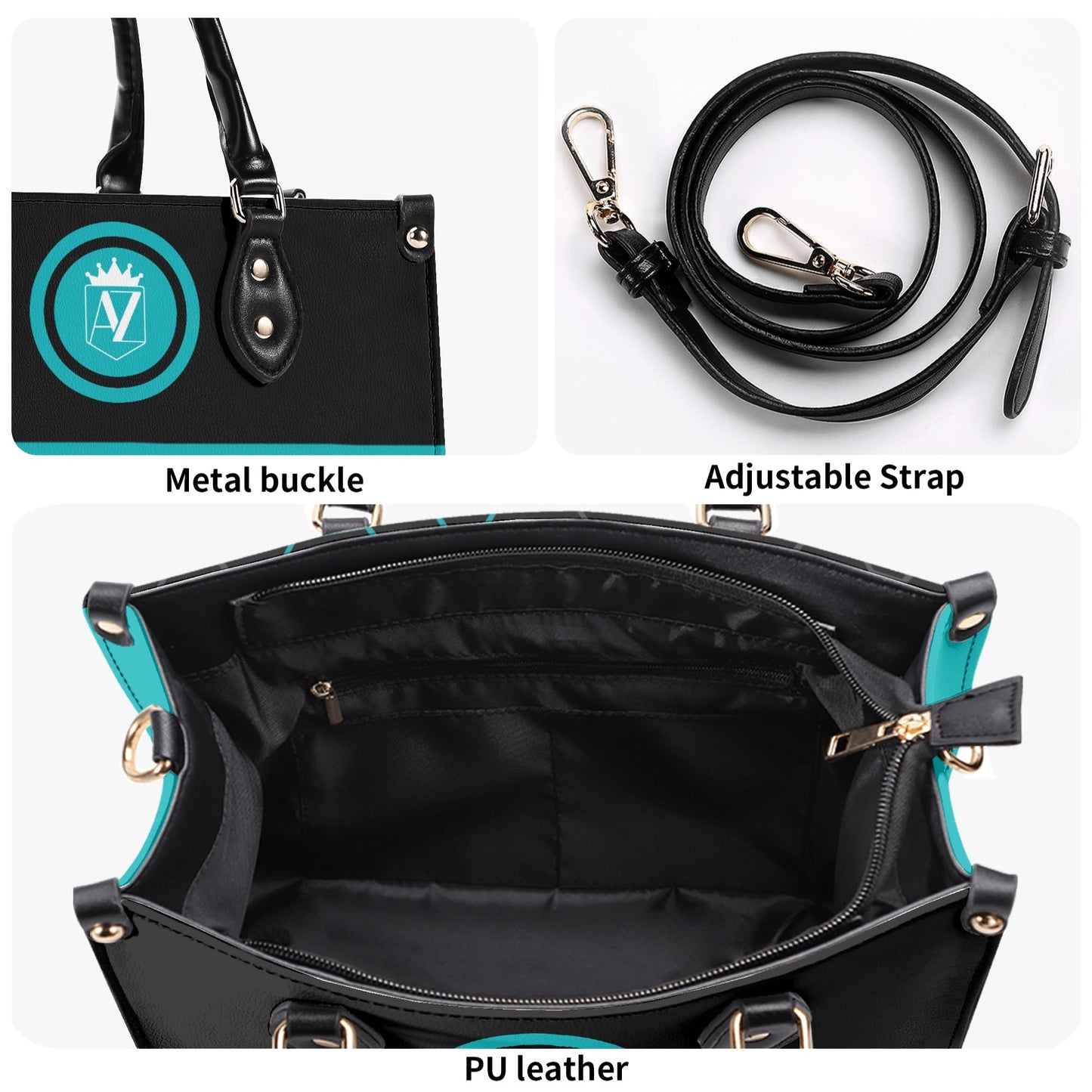 AZ Luxury Leather Handbag and Purse- Black Aqua